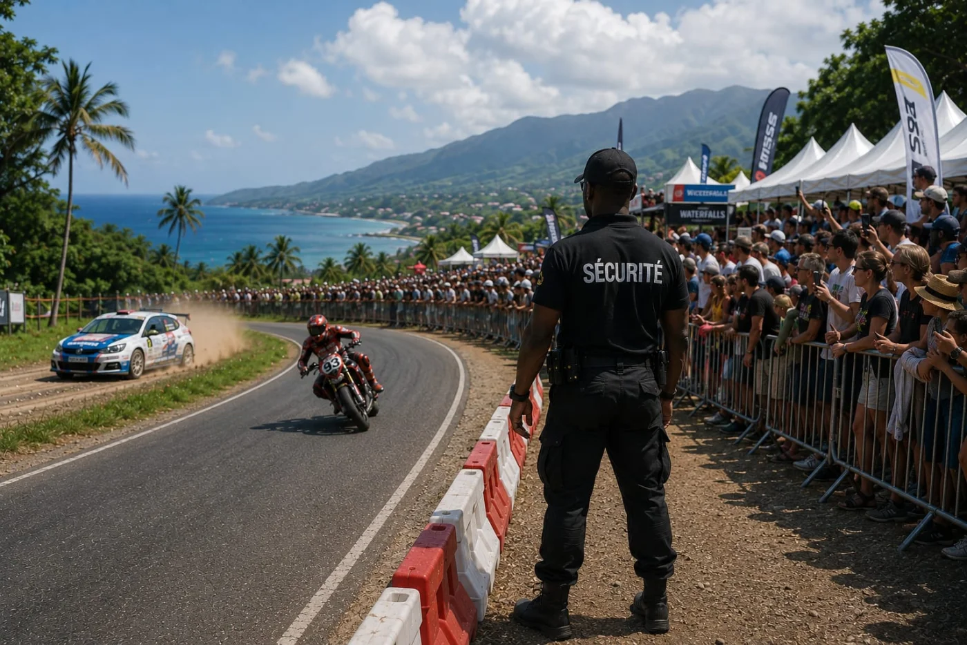 Agent DDI sécurisant un rallye automobile à Basse-Terre, Guadeloupe